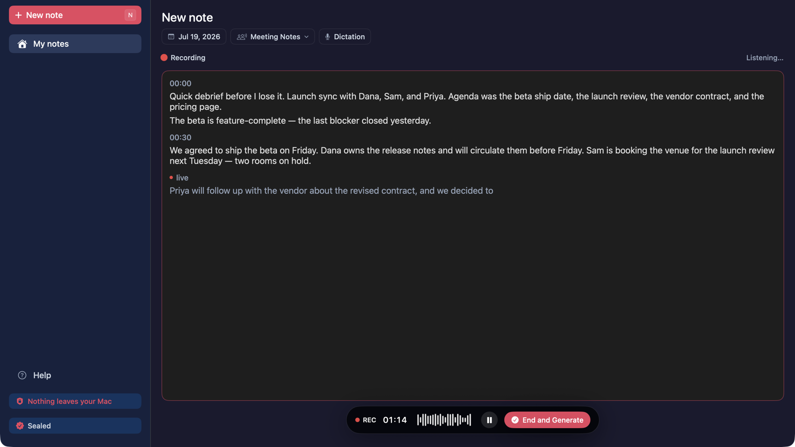 The recording surface mid-capture: Recording and Listening indicators, live transcript paragraphs, and the REC 01:14 waveform bar with End and Generate.