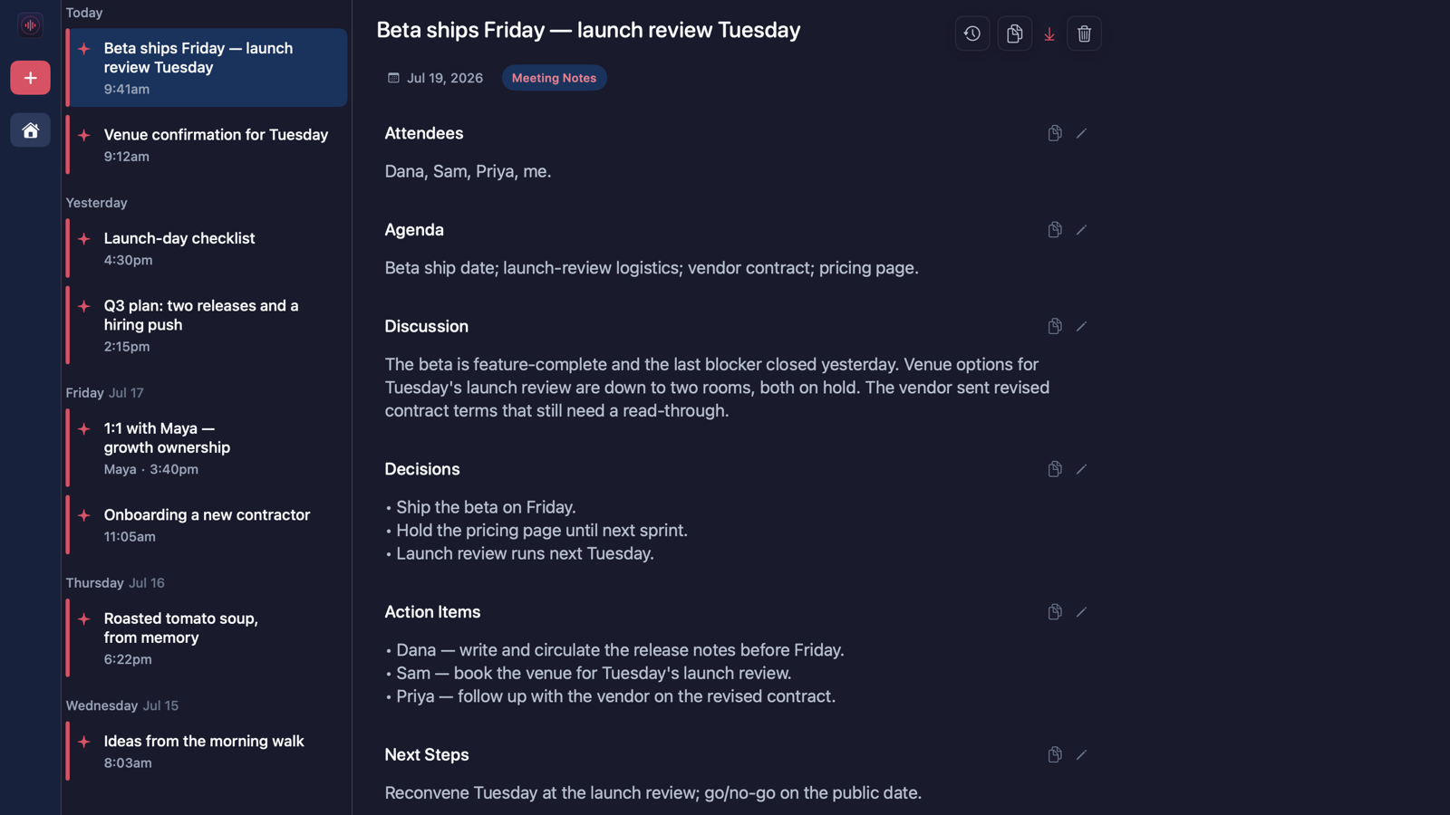 A finished note, 'Beta ships Friday — launch review Tuesday', with the Meeting Notes label and Attendees, Agenda, Discussion, Decisions, Action Items, and Next Steps sections.