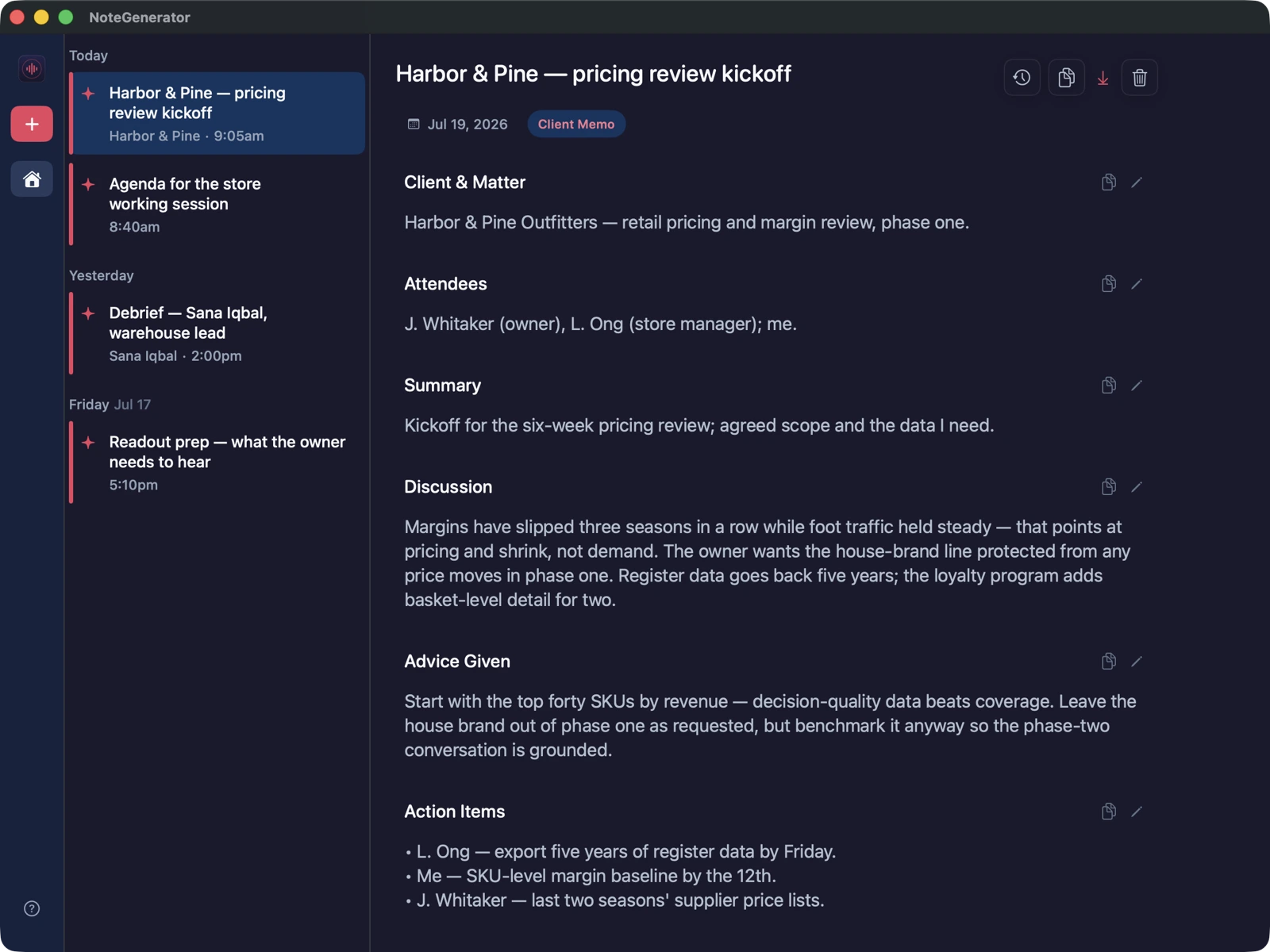 A note with the Client Memo label, 'Harbor & Pine — pricing review kickoff': Client & Matter, Attendees, Summary, Discussion, Advice Given, and Action Items.